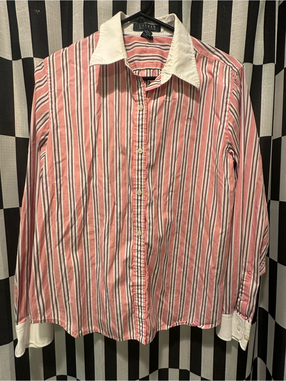 Lauren Ralph Lauren Pink and White Striped Cotton Button-Down Shirt